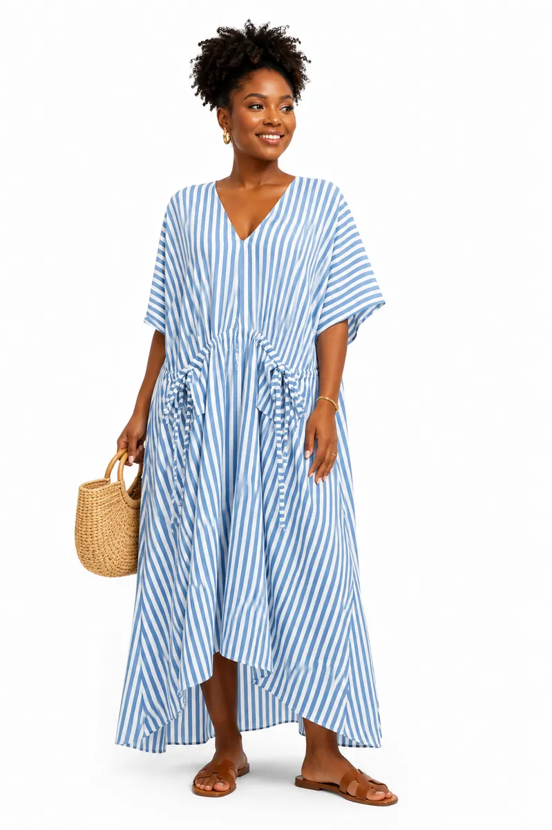 Blue & White Striped Kaftan Dress