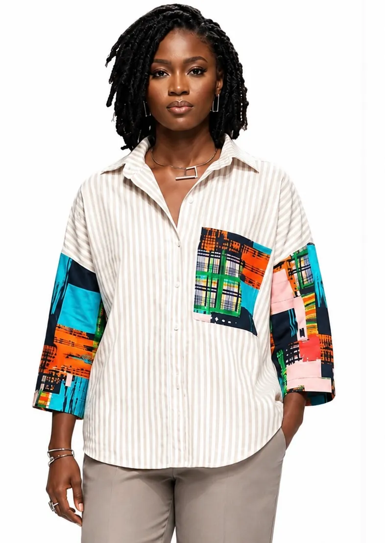 Cream Striped Patchwork Shirt