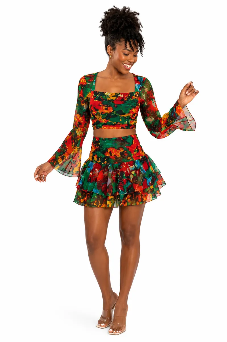 Floral Chiffon Crop Top & Skirt Set