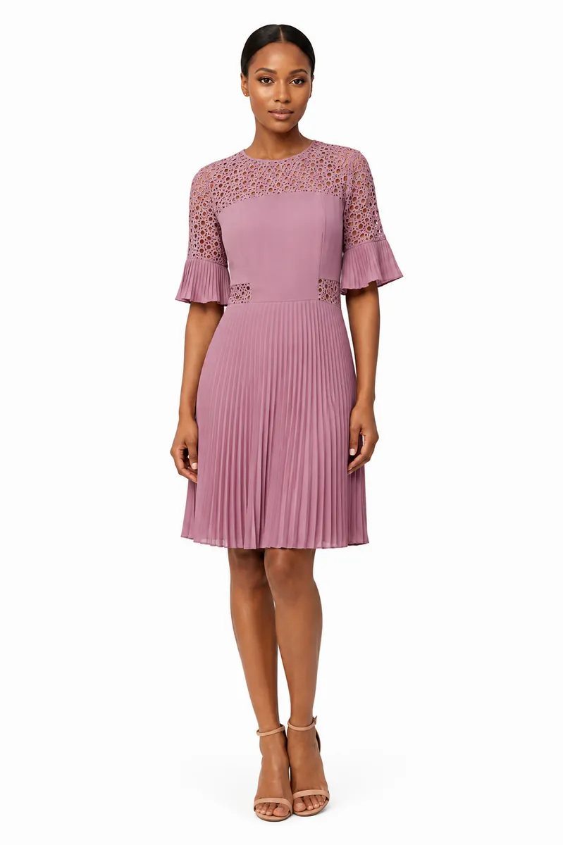 Mauve Lace Pleated Midi Dress